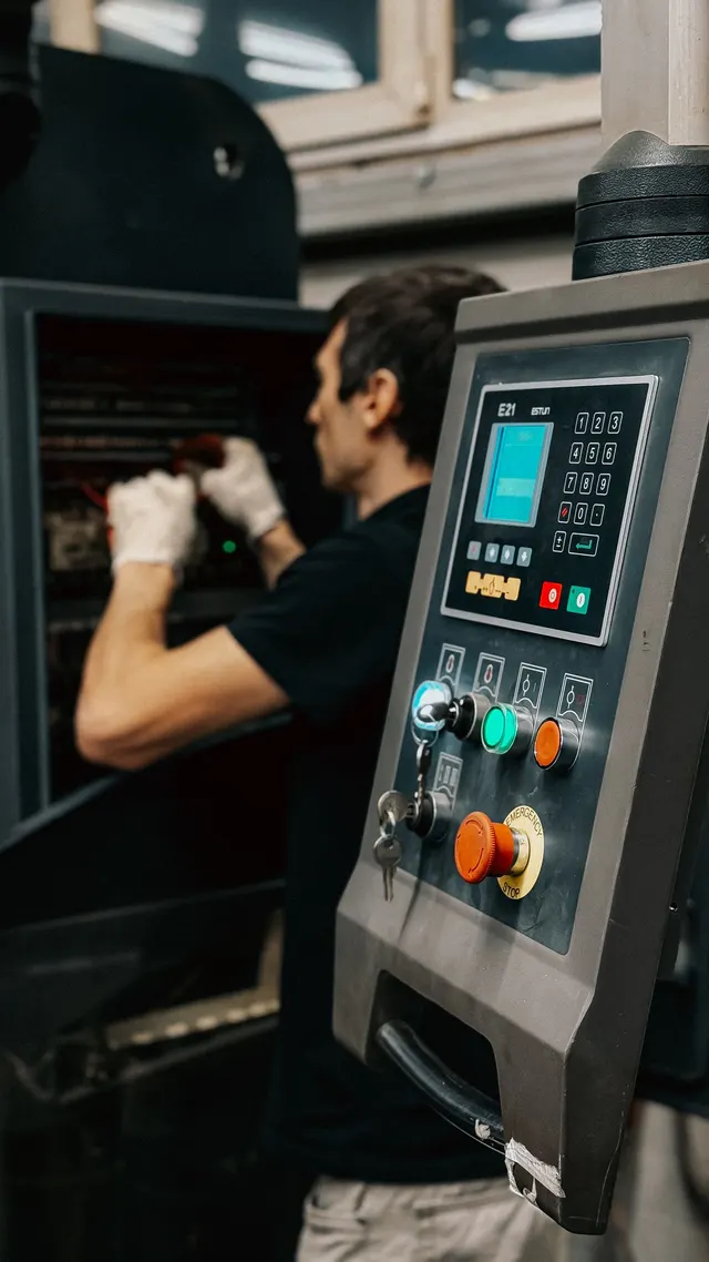 Technician at an industrial control panel desk